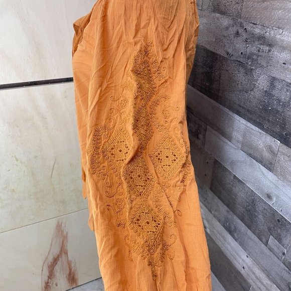 Massimo Dutti Blouse Womens Sz S Embroidered Detail Orange Rust Button Bohemian - Picture 4 of 11